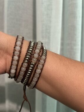 Beaded Wrap Bracelet with Rose Quartz and Hematite Beads Chan Luu style